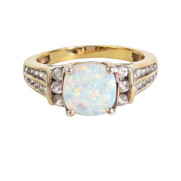 Milor Italy Gold Over Sterling White Fire Opal Diamonds Ladies Ring 6.75 Vintage - Picture 1 of 10